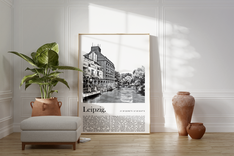 Dieses Poster zeigt dir eine Ansicht von Leipzig mit seinen Kanälen und Wasserstraßen.