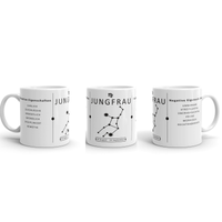 Auf dieser Tasse siehst du das Sternzeichen Jungfrau, inklusiver der positiven und negativen Eigenschaften, die zu diesem Sternzeichen gehören.