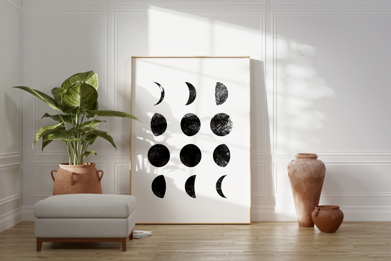 Das spirituelle Poster zeigt dir die verschiedenen Mondphasen in schwarz/weiß mit Textur Hintergrund.