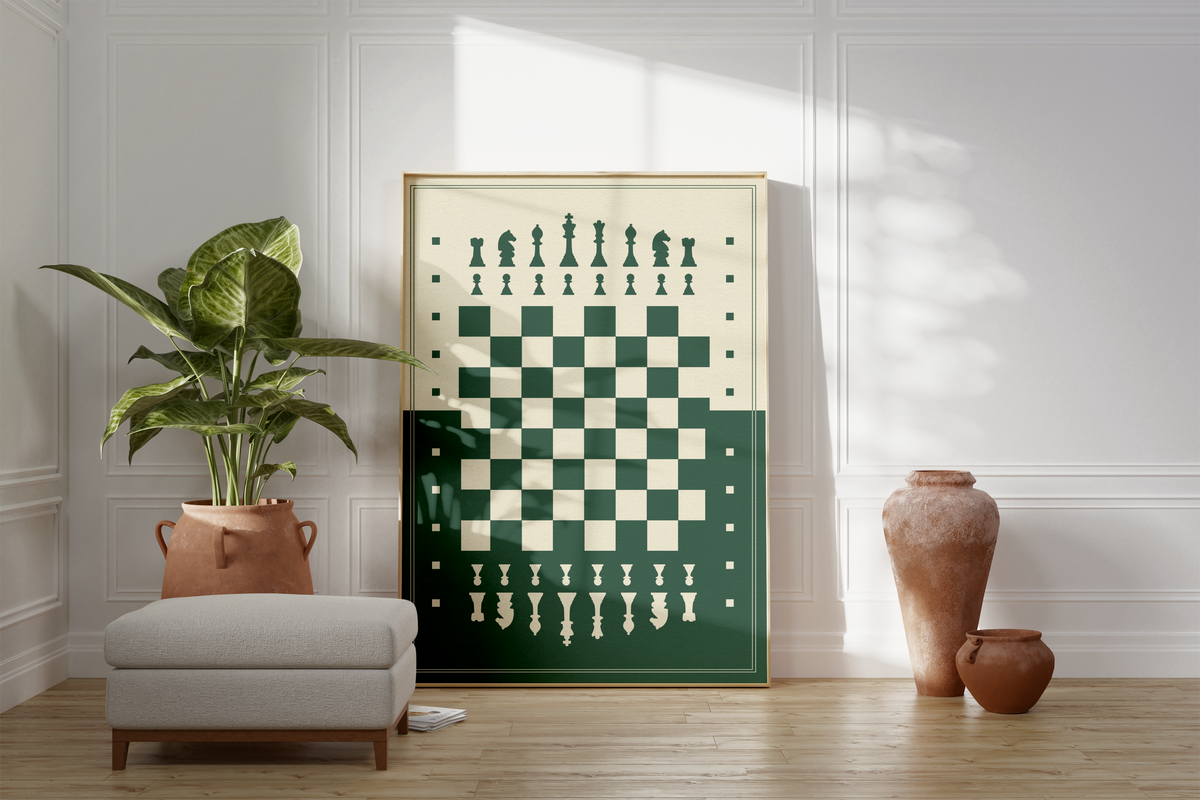 Dieses Poster zeigt dir ein in grün und beige dargestelltes Schachbrett.