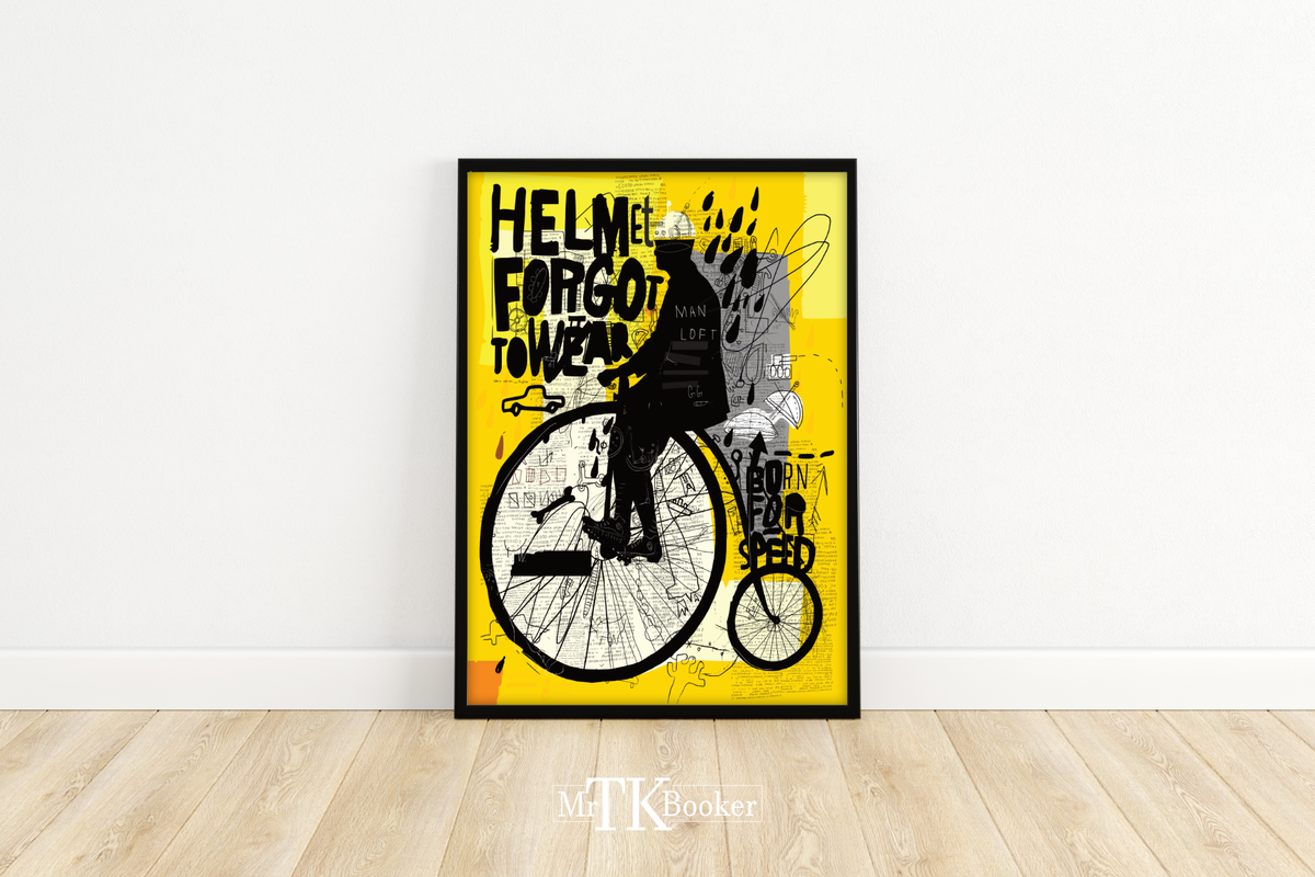 Hol dir dieses Street Art/ Urban Art Poster in Gelb. Das Bild eines Mannes, der ein altes Fahrrad/Hochrad fährt, ist perfekt als Wanddeko für deine Wohnung.