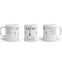 Auf dieser Tasse siehst du das Sternzeichen Krebs, inklusiver der positiven und negativen Eigenschaften, die zu diesem Sternzeichen gehören.
