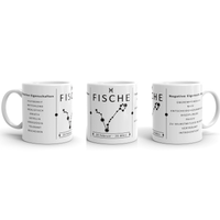 Auf dieser Tasse siehst du das Sternzeichen Fische, inklusiver der positiven und negativen Eigenschaften, die zu diesem Sternzeichen gehören.