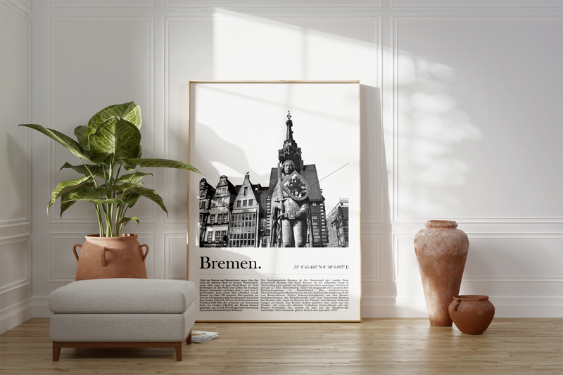 Dieses tolle Poster zeigt dir den Roland der freien und Hansestadt Bremen. Mit Bildunterschrift zu städtischen Fakten und der Geschichte der Hansestadt sowie den Bremer Koordinaten.