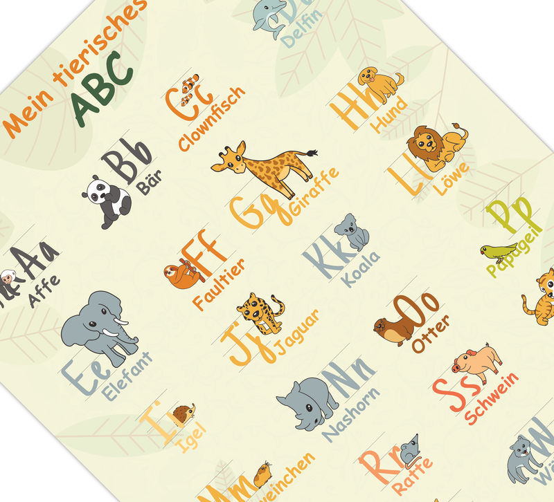 Dieses ABC Poster zeigt dir die Buchstaben von A bis Z und dazu Tiere, die zu dem jeweiligen Buchstaben passen, mit Groß- und Kleinschreibung.
