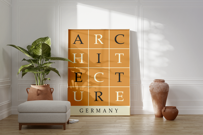 Das Poster zeigt eine minimalistische Darstellung des Wortes "Architecture" unterschrieben mit dem Wort Germany.