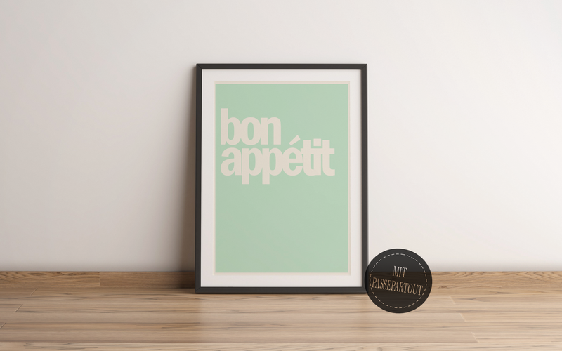 Das Küchenposter zeigt das Wort Bon Appétit in verschiedenen Vintagefarben wie Lachs, Grün, Blau oder Rotbraun. Das minimalistische Bild passt in jede modern gestaltete Küche.