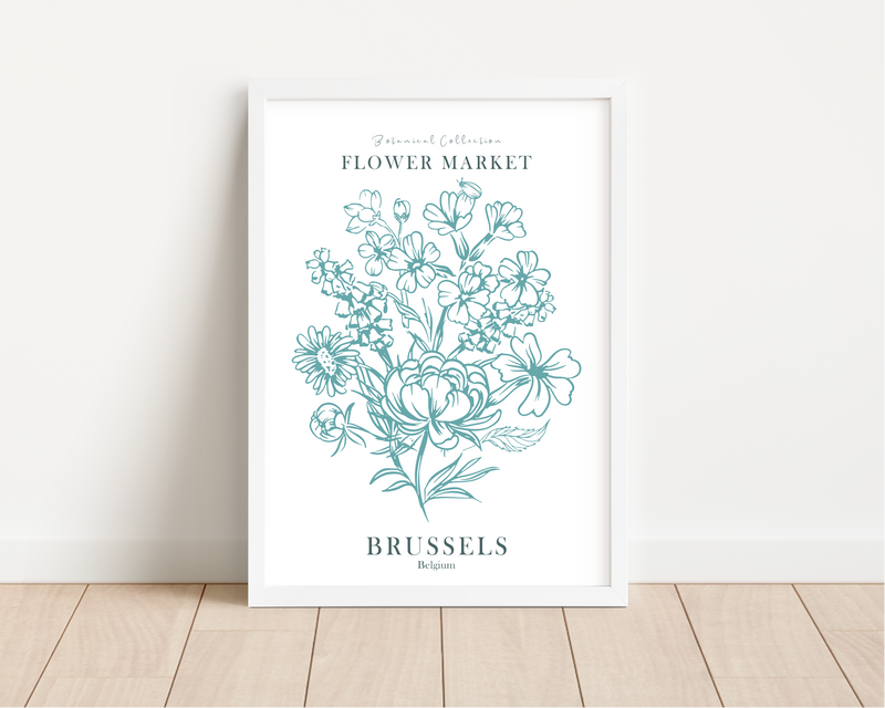 Das Poster ist ein fiktives Bild des Blumenmarktes in Brüssel, Belgien.