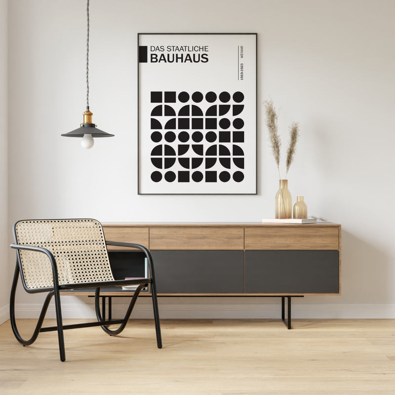 Dieses Bauhaus Poster zeigt dir verschiedene Schwarz dargestellte, geometrische Formen. Das in schönem Schwarz und Weiß gehaltene Poster hat die Bildüberschrift "Das Staatliche Bauhaus" 