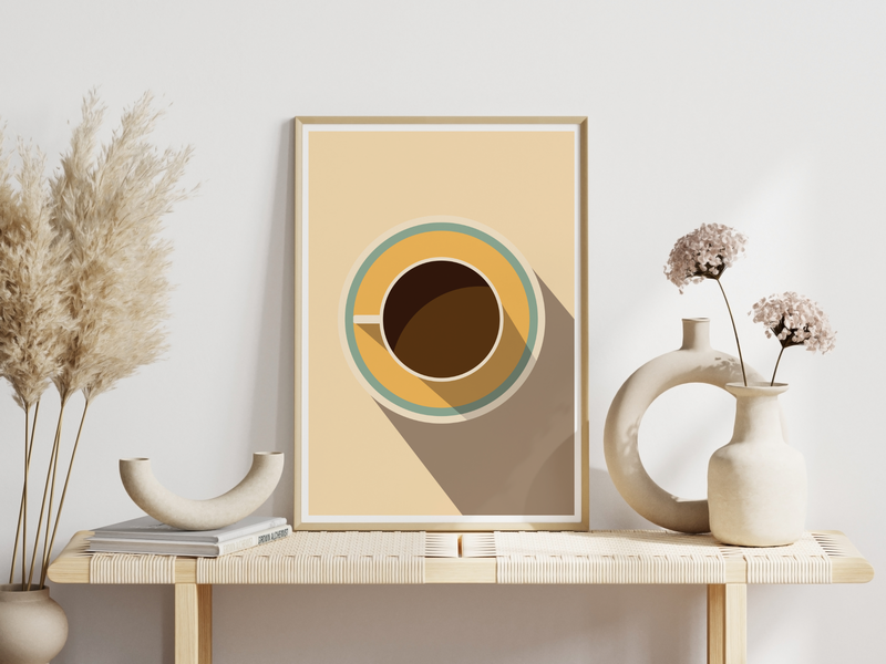 Dieses Poster für die Küche stellt zeigt eine minimalistisch dargestellte Kaffeetasse in Braun und Beige. Das Bild ist die ideale Wanddeko für die Küche oder das Esszimmer.