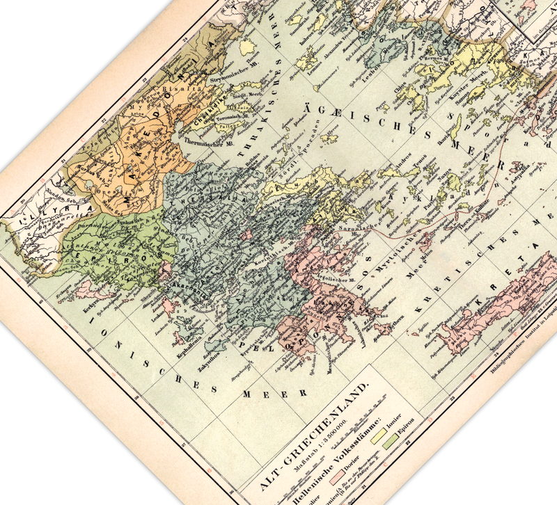 Das Poster einer Karte Alt-Griechenlands ist eine Vintage Lithographie aus Meyers Koversations-Lexikon aus dem Jahr 1890. 