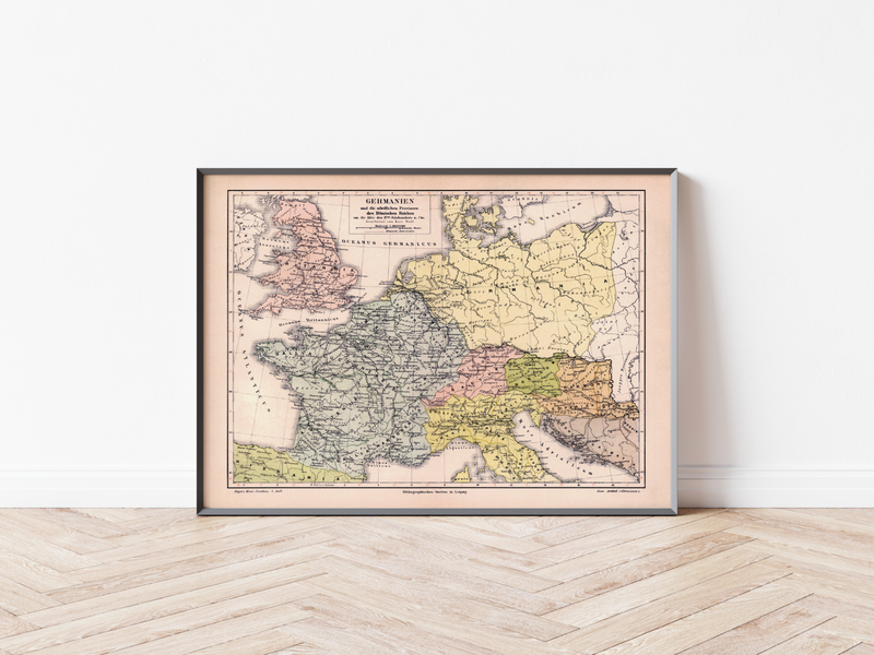 Das Poster welches Germanien in der Mitte des 11. Jahrhunderts zeigt, ist eine Vintage Lithographie aus Meyers Koversations-Lexikon aus dem Jahr 1890.