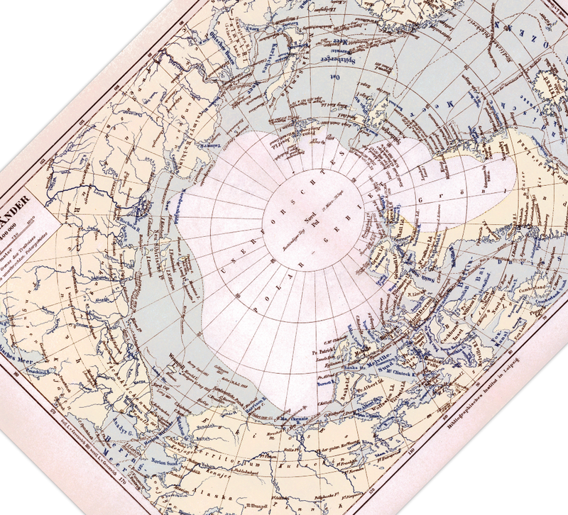 Das Poster einer Karte zu dem unerforschten Nordpolargebiet ist eine Vintage Lithographie aus Meyers Koversations-Lexikon aus dem Jahr 1890.