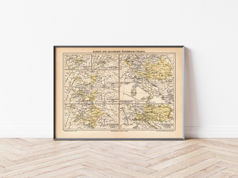 Das Poster einer Karte zur Geschichte Österreich-Ungarns ist eine Vintage Lithographie aus Meyers Koversations-Lexikon aus dem Jahr 1890.