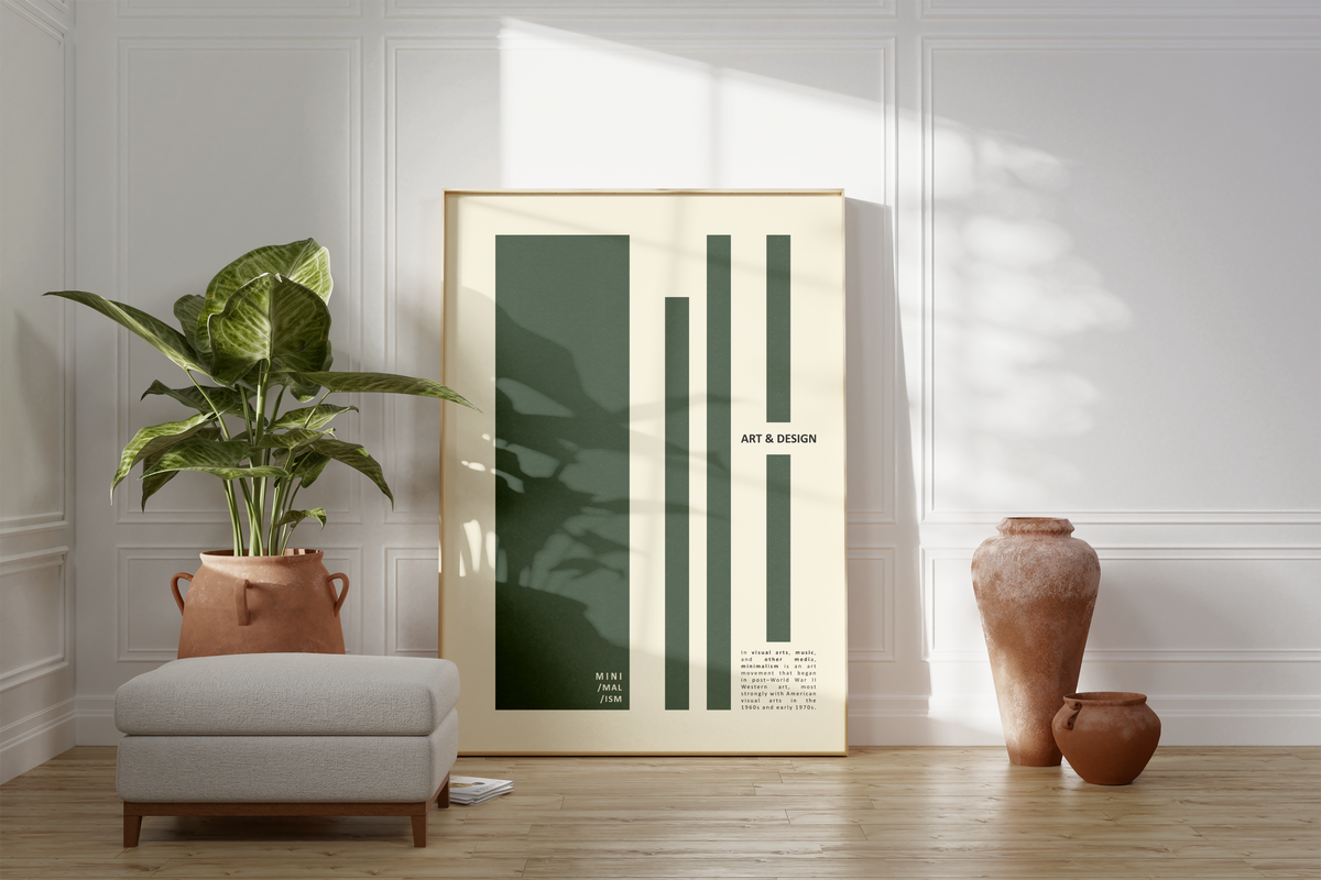 Das minimalistische Poster zeigt verschieden große, grüne Rechtecke. Zusätzlich enthält das Poster die Inschrift Art & Design, sowie eine kurze Beschreibung zum Minimalismus.