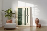 Das minimalistische Poster zeigt verschieden große, grüne Rechtecke. Zusätzlich enthält das Poster die Inschrift Art & Design, sowie eine kurze Beschreibung zum Minimalismus.