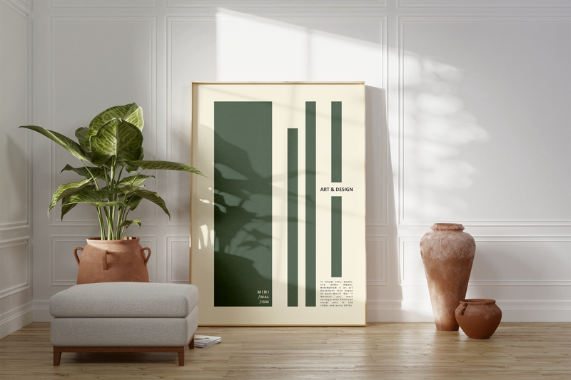 Das minimalistische Poster zeigt verschieden große, grüne Rechtecke. Zusätzlich enthält das Poster die Inschrift Art & Design, sowie eine kurze Beschreibung zum Minimalismus.