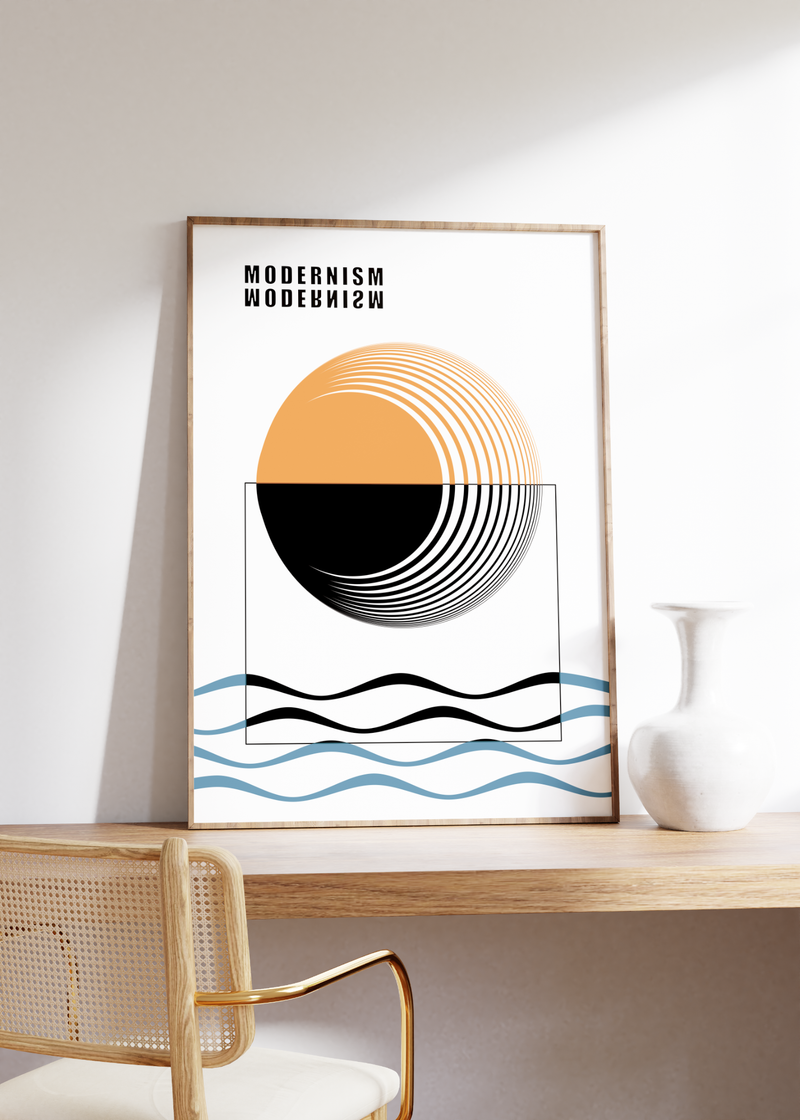 Das Poster zeigt eine minimalistische Darstellung von geometrischer Kunst mit Kreisen, Wellen und dem Wort Minimalism.