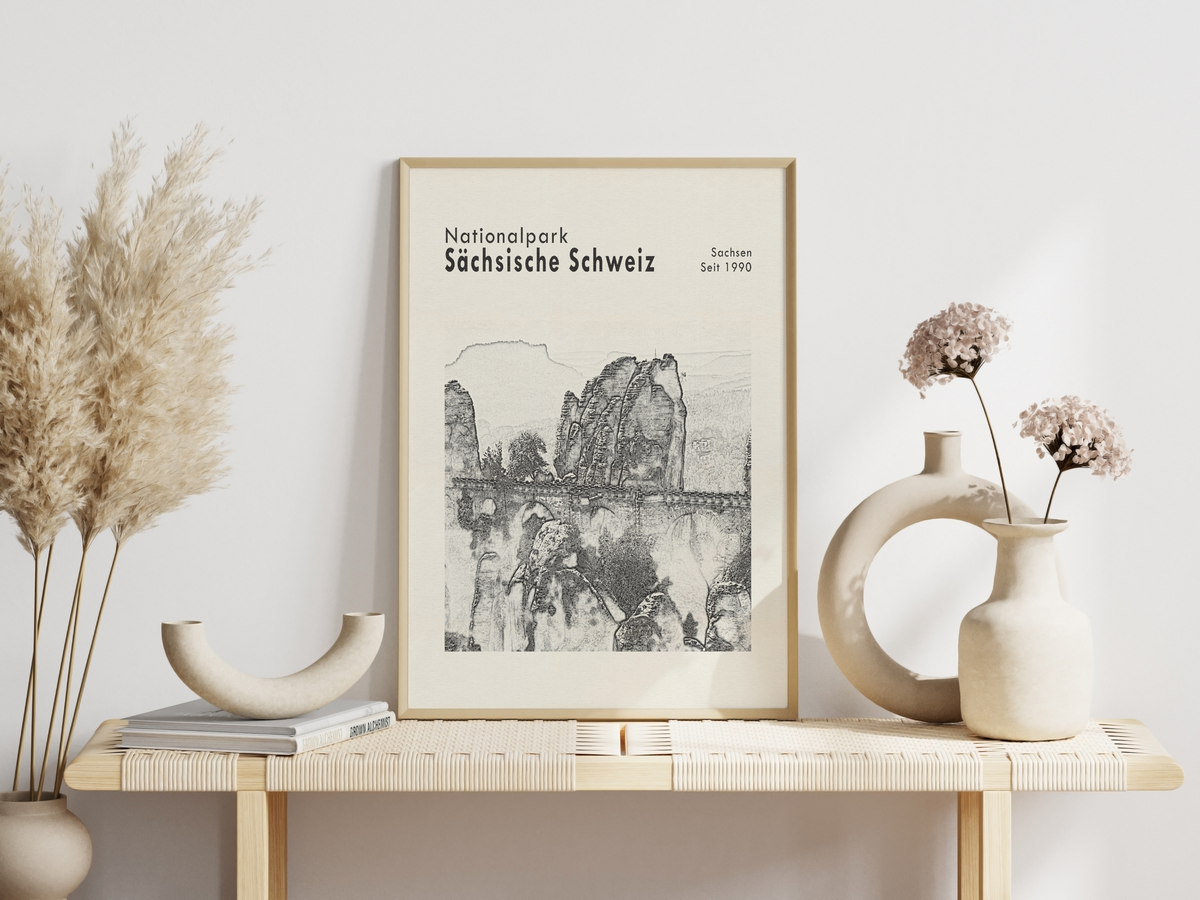 Dieses Poster zeigt eine Ansicht der Bastei im Nationalpark Sächsische Schweiz, Sachsen. 