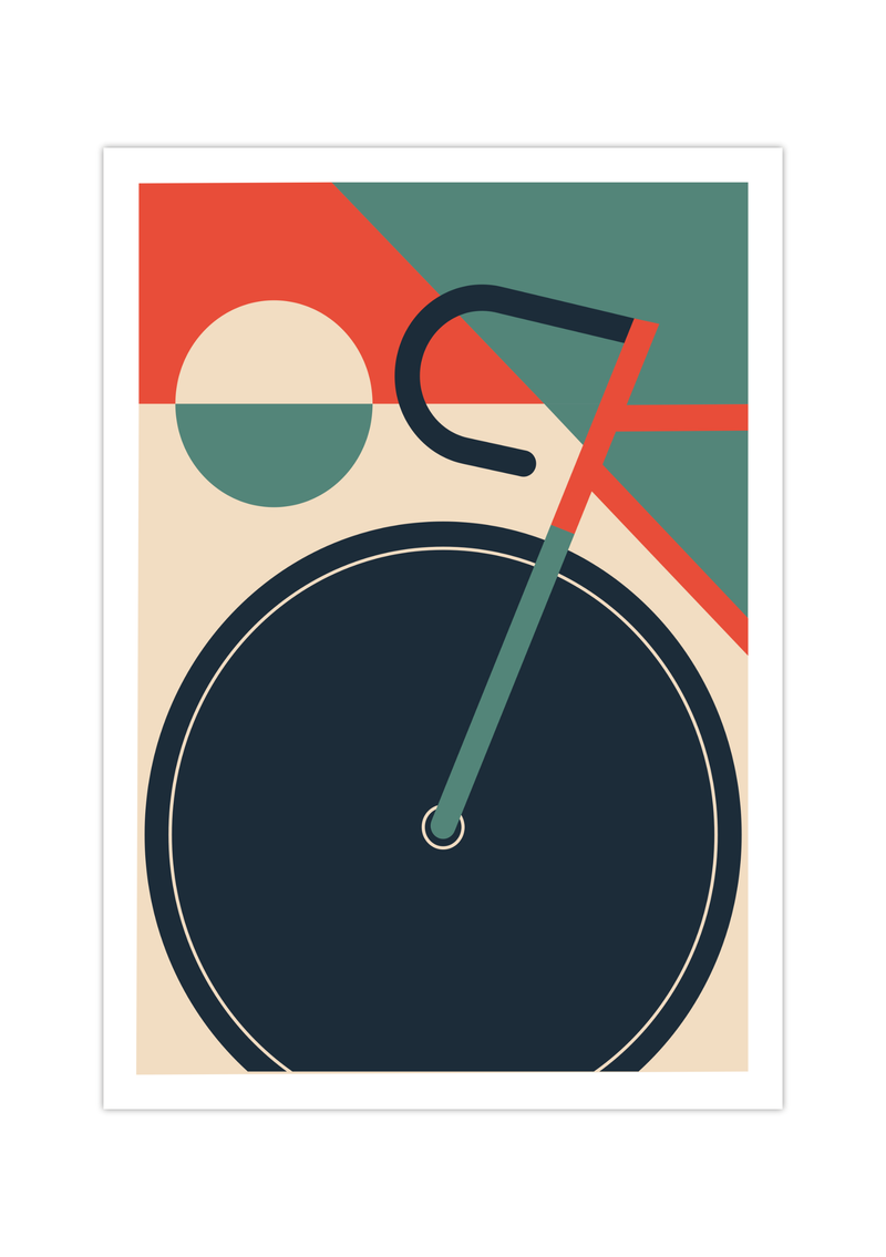 Dieses tolle Poster im Stil des Bauhauses zeigt ein minimalistisch dargestelltes Fahrrad in geometrischer Darstellung.