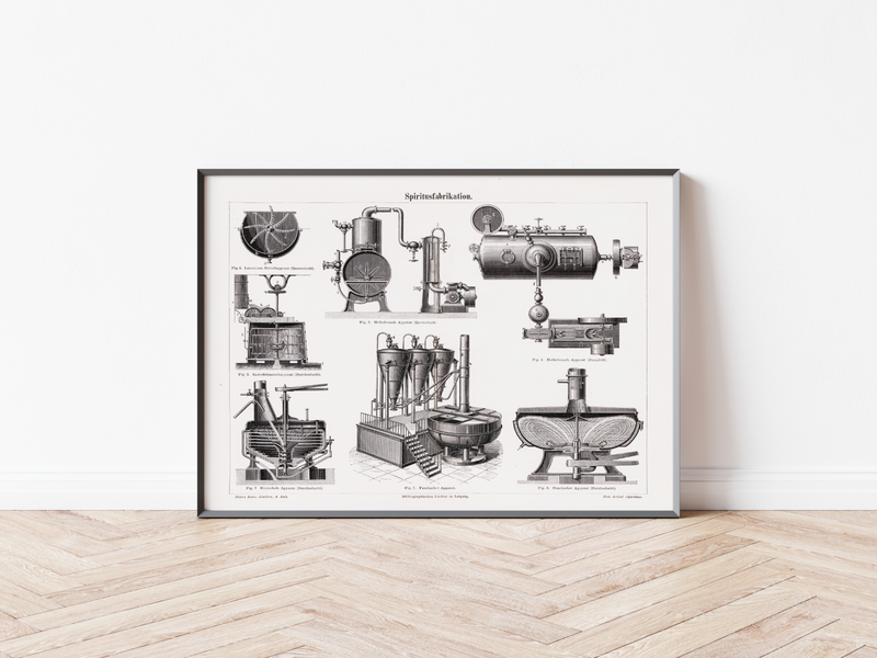 Das Poster einer Spiritusfabrikation ist eine Vintage Lithographie aus Meyers Koversations-Lexikon aus dem Jahr 1890 im viktorianischen Stil.