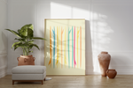 Das Poster zeigt abstrakt dargestellte Surfbretter in verschiedenen sommerlich Farben.