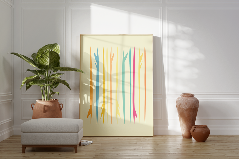 Das Poster zeigt abstrakt dargestellte Surfbretter in verschiedenen sommerlich Farben.