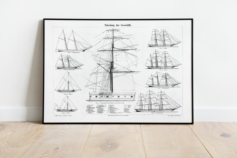 Das Poster zur Takelung eines Schiffes ist eine Vintage Lithographie aus Meyers Koversations-Lexikon aus dem Jahr 1890 im viktorianischen Stil.