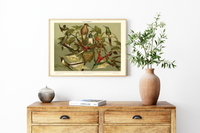 Das Poster von Vögeln (Kolibris) ist eine Vintage Lithographie aus Meyers Koversations-Lexikon aus dem Jahr 1890. 