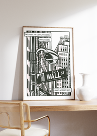 Tolles Poster der New Yorker Wallstreet im Comic/Pop Art Stil. Dieses Börsenposter ist das richtige Geschenk für alle Aktionäre, Börsianer, Investoren und Day Trader.