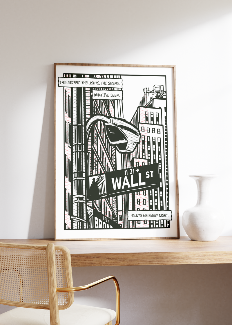 Tolles Poster der New Yorker Wallstreet im Comic/Pop Art Stil. Dieses Börsenposter ist das richtige Geschenk für alle Aktionäre, Börsianer, Investoren und Day Trader.