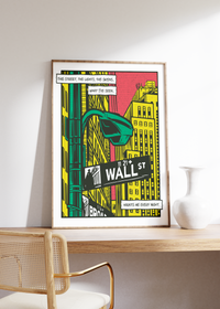 Tolles Poster der New Yorker Wallstreet im Comic/Pop Art Stil. Dieses Börsenposter ist das richtige Geschenk für alle Aktionäre, Börsianer, Investoren und Day Trader.