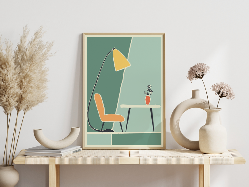 Das Poster zeigt ein minimalistisch dargestelltes Wohnzimmer mit Tisch, Blumen, Stuhl und Lampe. Das Bild ist in schönem Grün gehalten und hat einen vintage Touch.