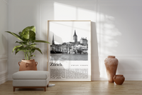 Dieses Poster zeigt dir eine Ansicht der Stadt Zürich, oder auf schweizerisch Züri, in Schwarz/Weiß.