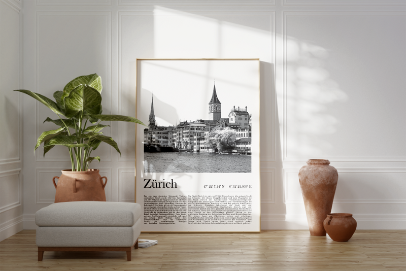 Dieses Poster zeigt dir eine Ansicht der Stadt Zürich, oder auf schweizerisch Züri, in Schwarz/Weiß.