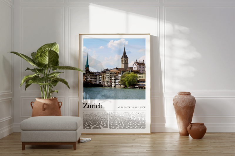 Dieses Poster zeigt dir eine Ansicht der Stadt Zürich, oder auf schweizerisch Züri, in Farbig.