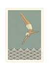 Dieses maritime Poster zeigt eine Turmspringerin in alter Badekleidung die einen Sprung in das Meer macht.