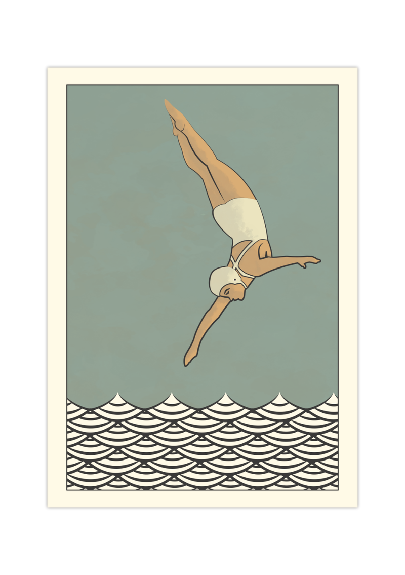Dieses maritime Poster zeigt eine Turmspringerin in alter Badekleidung die einen Sprung in das Meer macht.