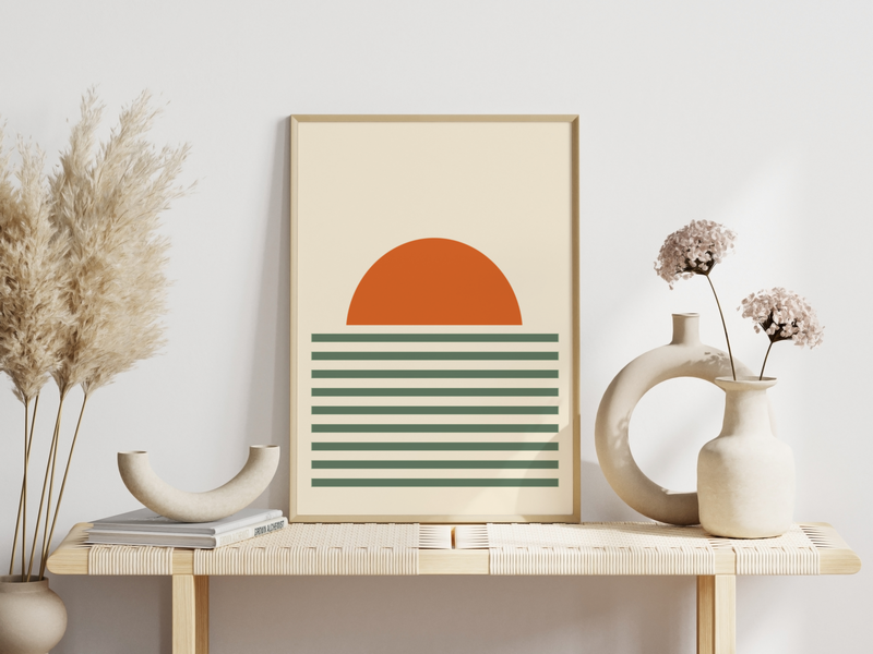 Dieses schöne Poster zeigt einen Sonnenaufgang in beige, grün und orange. 
