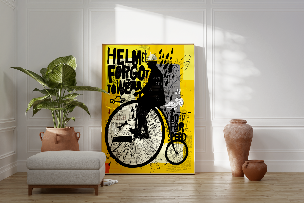 Hol dir dieses Street Art/ Urban Art Poster in Gelb. Das Bild eines Mannes, der ein altes Fahrrad/Hochrad fährt, ist perfekt als Wanddeko für deine Wohnung.