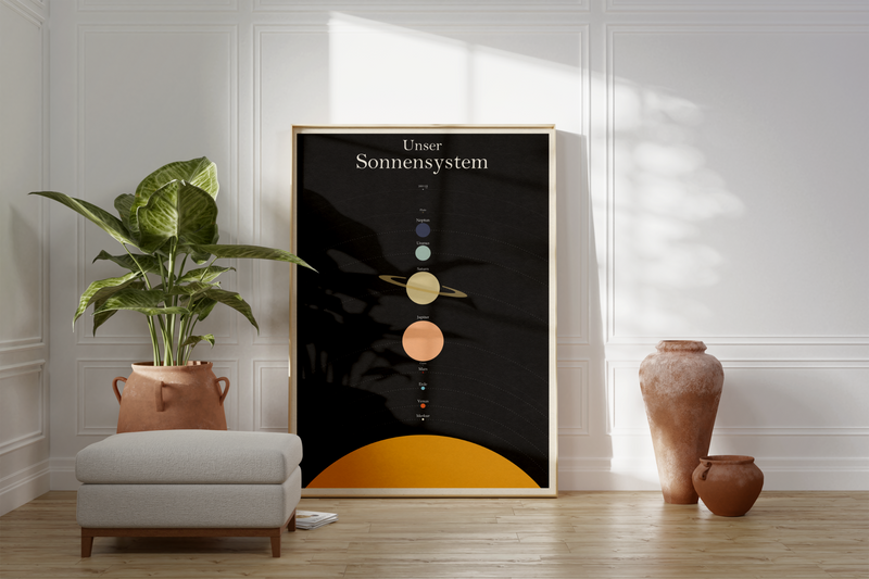 Dieses Poster zeigt dir unser Sonnensystem in minimalistischer Darstellung. Mit allen Planeten und Kleinplaneten ist es das ideale Lernposter fürs Kinder- oder Arbeitszimmer.