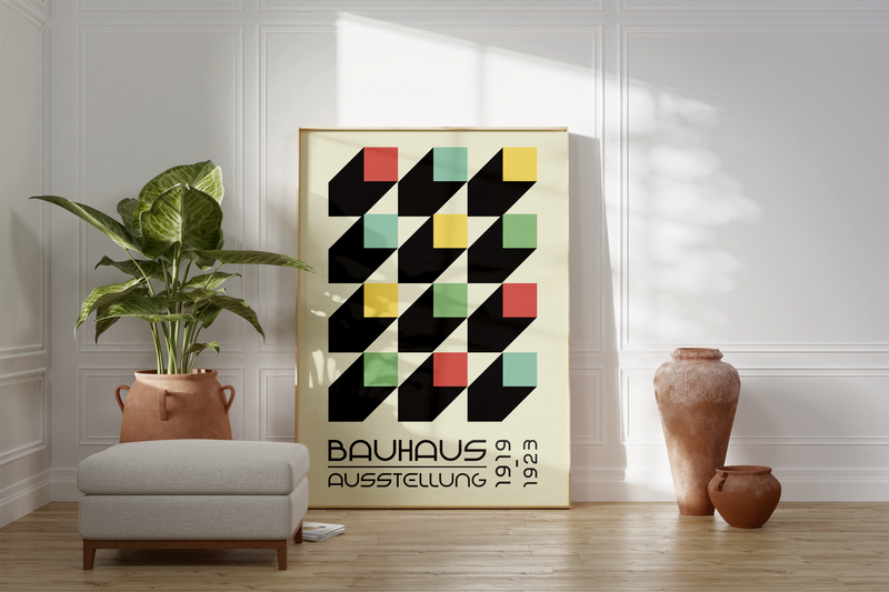 Das Bauhaus Poster zeigt dir verschiedene bunte Quadrate in 3D. Das Poster mit der Bildunterschrift Bauhaus Ausstellung 1919-1923 ist einem Ausstellungsplakat nachempfunden.Das Poster im Bauhaus-Stil  zeigt dir verschiedene bunte Quadrate in 3D. Das Poster mit der Bildunterschrift Bauhaus Ausstellung 1919-1923 ist einem Ausstellungsplakat nachempfunden.