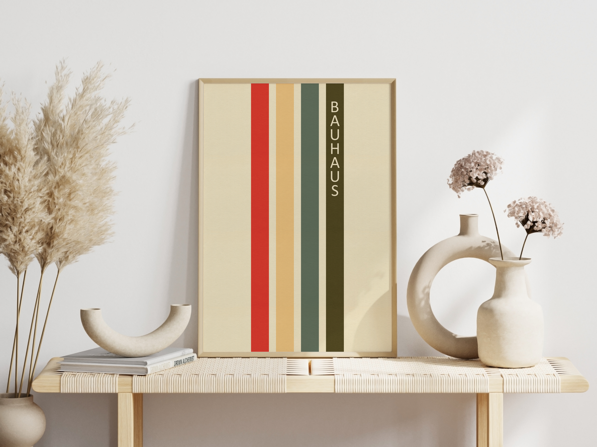 Dieses Bauhaus Poster zeigt dir eine vier Rechtecke in Rot, Gelb, Grün und Braun. Das Poster ist einem Ausstellungsplakat nachempfunden, ist so aber nie erschienen.