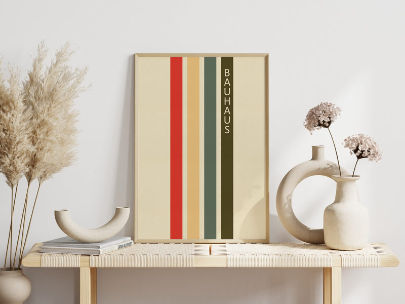 Dieses Bauhaus Poster zeigt dir eine vier Rechtecke in Rot, Gelb, Grün und Braun. Das Poster ist einem Ausstellungsplakat nachempfunden, ist so aber nie erschienen.