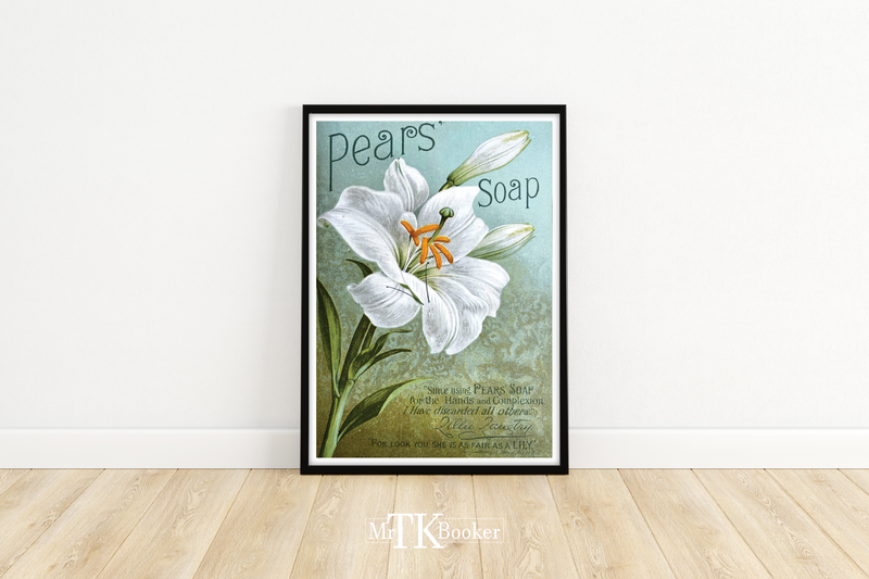 Dieses vintage Poster zeigt dir eine alte englische Seifenwerbung. Auf dem Bild siehst du eine weiße Blume untersetzt in grün und blau.