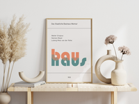 Dieses Bauhaus Poster zeigt dir das Wort Bauhaus und die drei Direktoren Walter Gropius, Hannes Meyer und Ludwig Mies van der Rohe in Blau und Orange.
