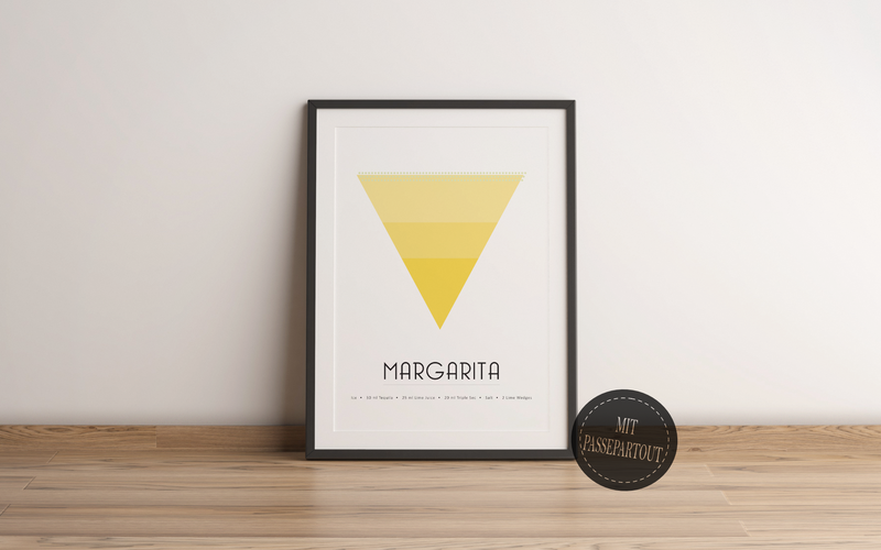 Dieses Poster für die Küche zeigt dir den Cocktail Margarita inklusive des Rezeptes, in Gelb und weißem Zuckerrand. 