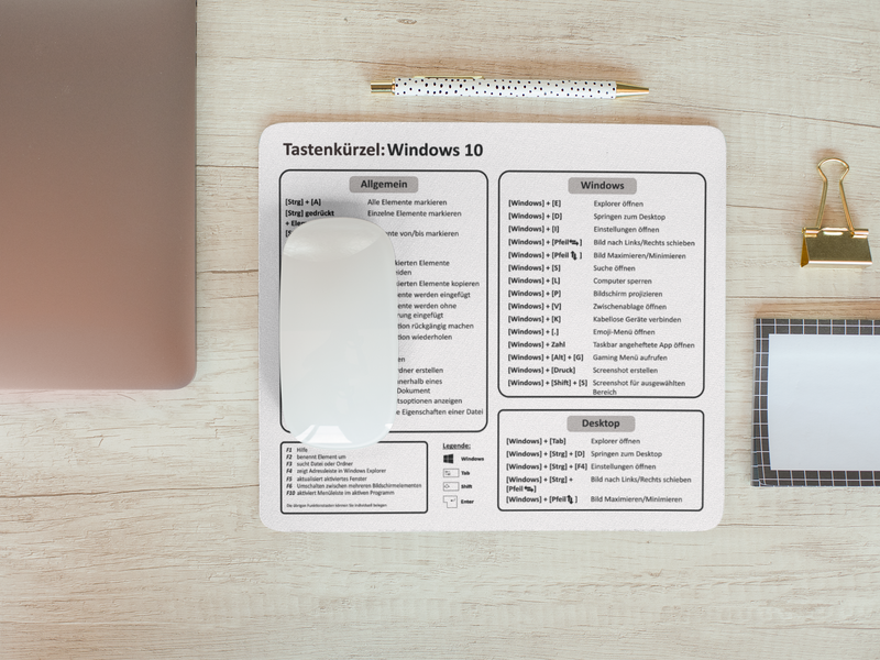 Dieses Mauspad für Windows 10 erleichtert dir deinen Arbeitsalltag. Das Mousepad zeigt dir die notwendigen Tastenkürzel für jede Situation im Büro und vereinfacht und beschleunigt für dich den Alltag.