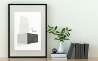 Das Poster zeigt verschiedene geometrische Formen, die zu einem abstrakten Gebäude angeordnet sind. Das Poster ist in seichtem Grau gehalten