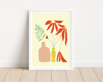 Das Poster zeigt zwei abstrakt dargestellte Vasen mit Blumen, im minimalistischen Design.